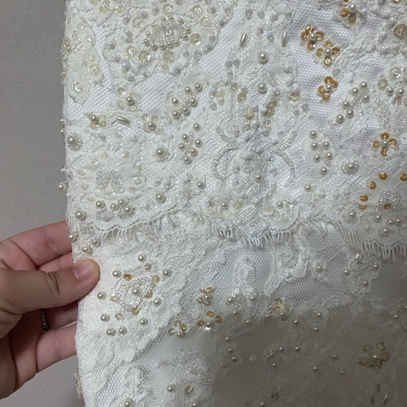 MORI LEE white straight neckline strapless gold beaded appliqué wedding dress 12 - Picture 3 of 16